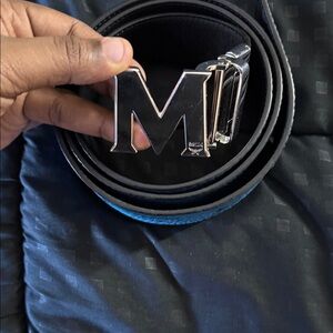 MCM Reversible Black and Blue Belt with Silver M Buckle